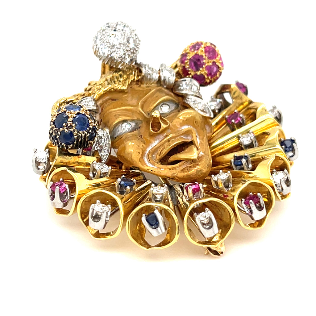 Mario Boschi 18k Gold + Plat 1.25 ct Diamond Jester Pendant-Brooch w/ Ruby + Sap