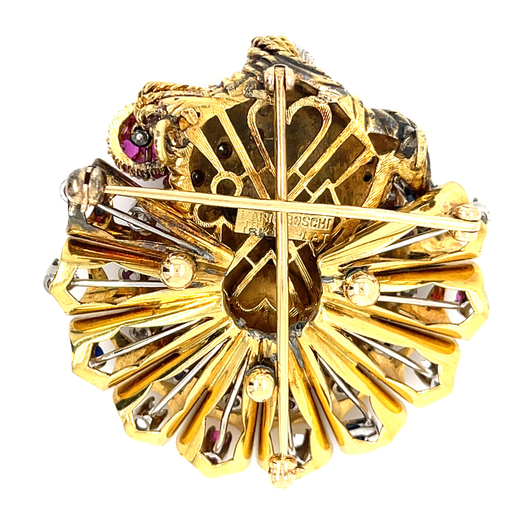 Mario Boschi 18k Gold + Plat 1.25 ct Diamond Jester Pendant-Brooch w/ Ruby + Sap