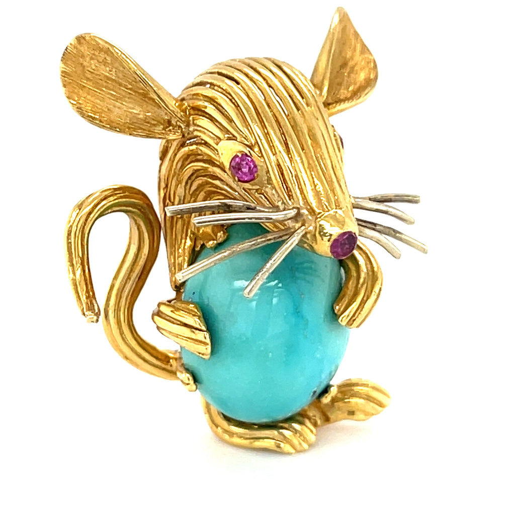 Turquoise and Pink Sapphire set in 18k Gold Mouse-shaped Brooch Weight: 10.9g