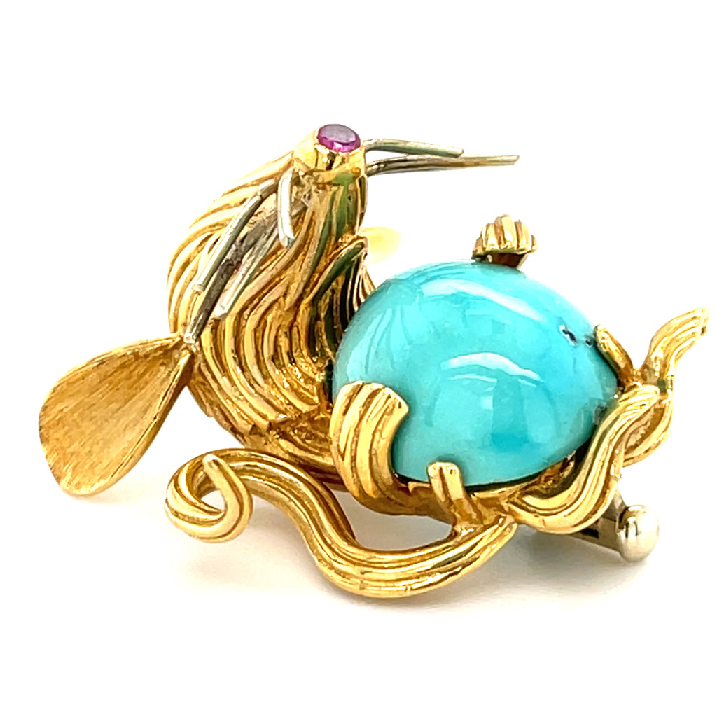 Turquoise and Pink Sapphire set in 18k Gold Mouse-shaped Brooch Weight: 10.9g