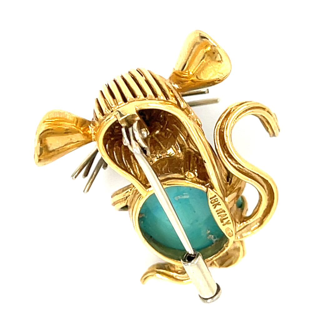 Turquoise and Pink Sapphire set in 18k Gold Mouse-shaped Brooch Weight: 10.9g