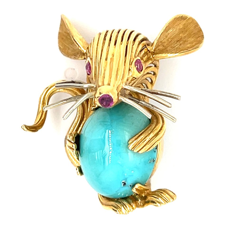 Turquoise and Pink Sapphire set in 18k Gold Mouse-shaped Brooch Weight: 10.9g