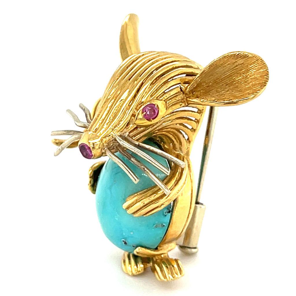 Turquoise and Pink Sapphire set in 18k Gold Mouse-shaped Brooch Weight: 10.9g