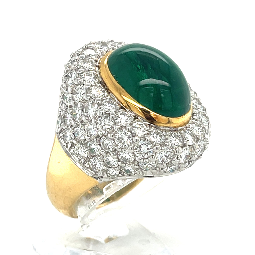 18k Bi-Colored Gold, Oval Cabochon Emerald, and 5.6ct Diamond Ring Size: 7 1/4