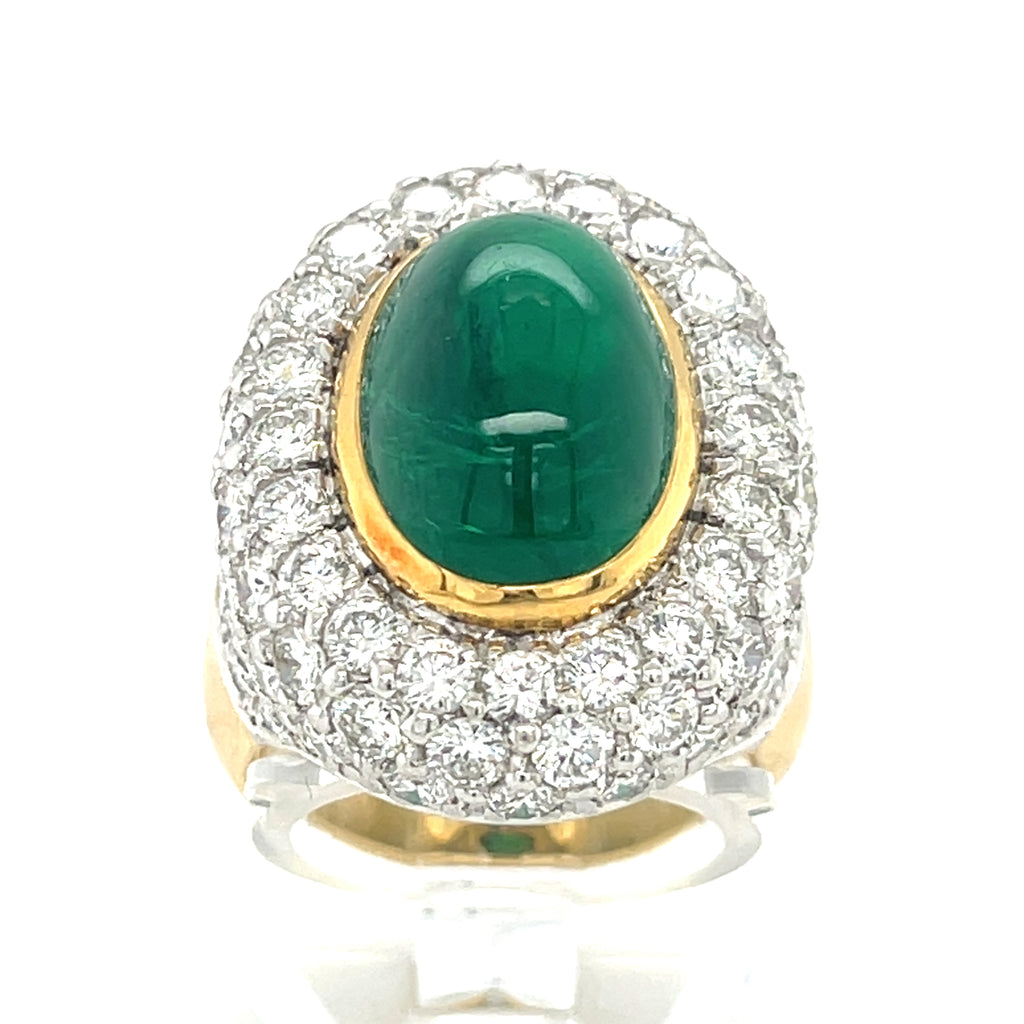 18k Bi-Colored Gold, Oval Cabochon Emerald, and 5.6ct Diamond Ring Size: 7 1/4