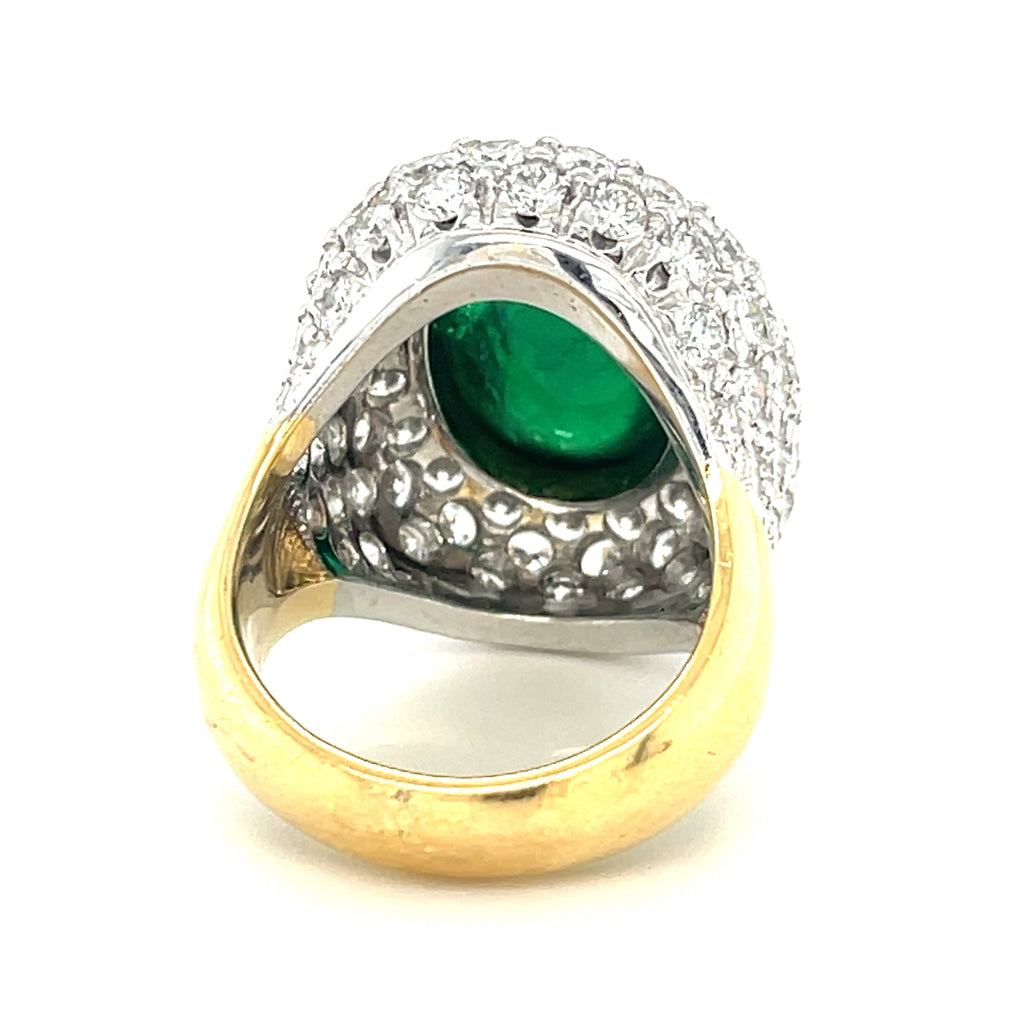 18k Bi-Colored Gold, Oval Cabochon Emerald, and 5.6ct Diamond Ring Size: 7 1/4
