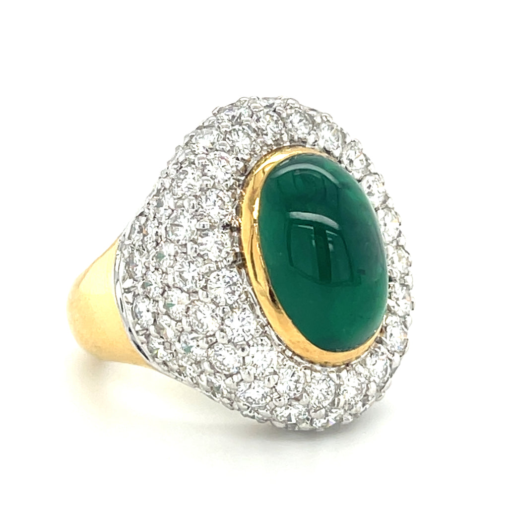 18k Bi-Colored Gold, Oval Cabochon Emerald, and 5.6ct Diamond Ring Size: 7 1/4