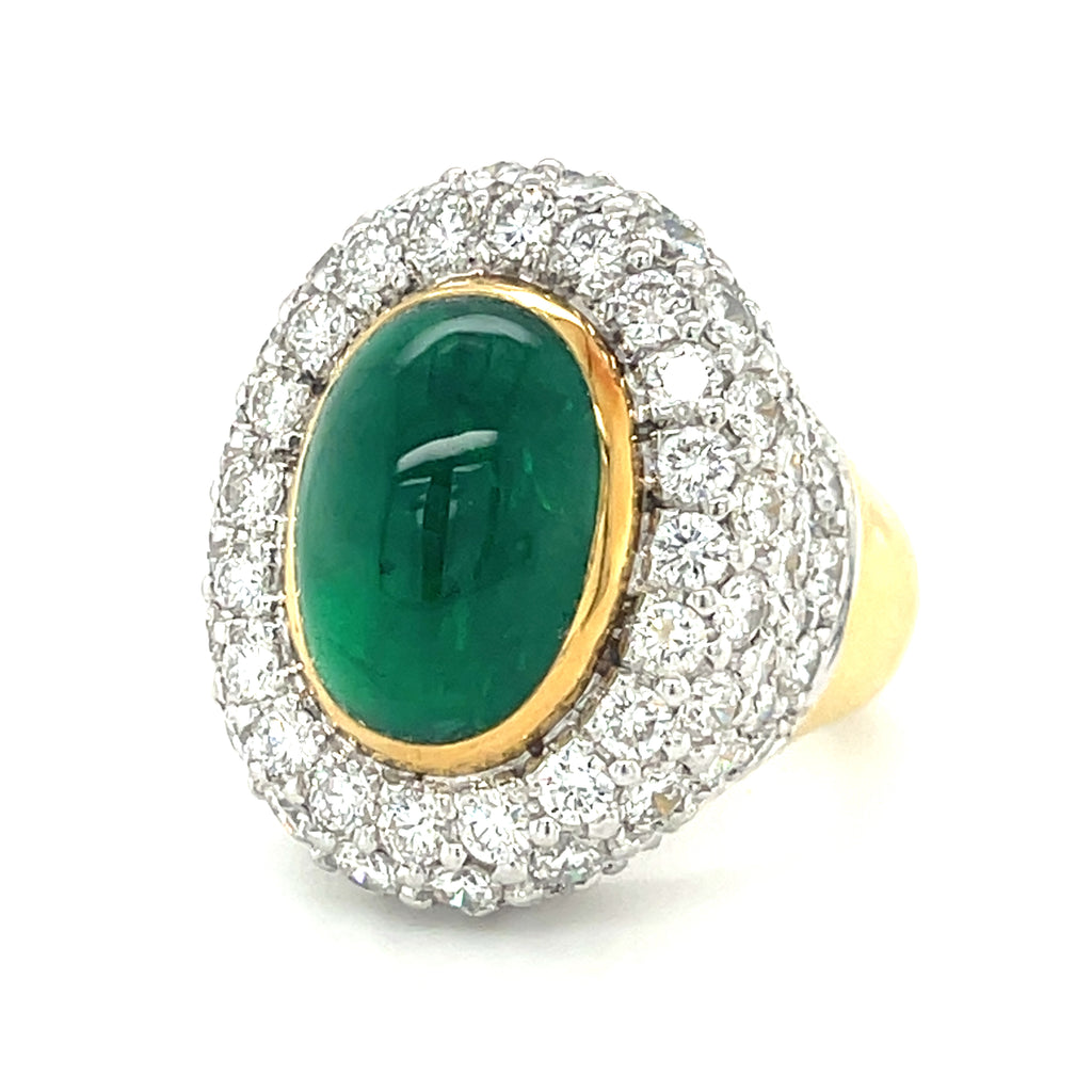 18k Bi-Colored Gold, Oval Cabochon Emerald, and 5.6ct Diamond Ring Size: 7 1/4