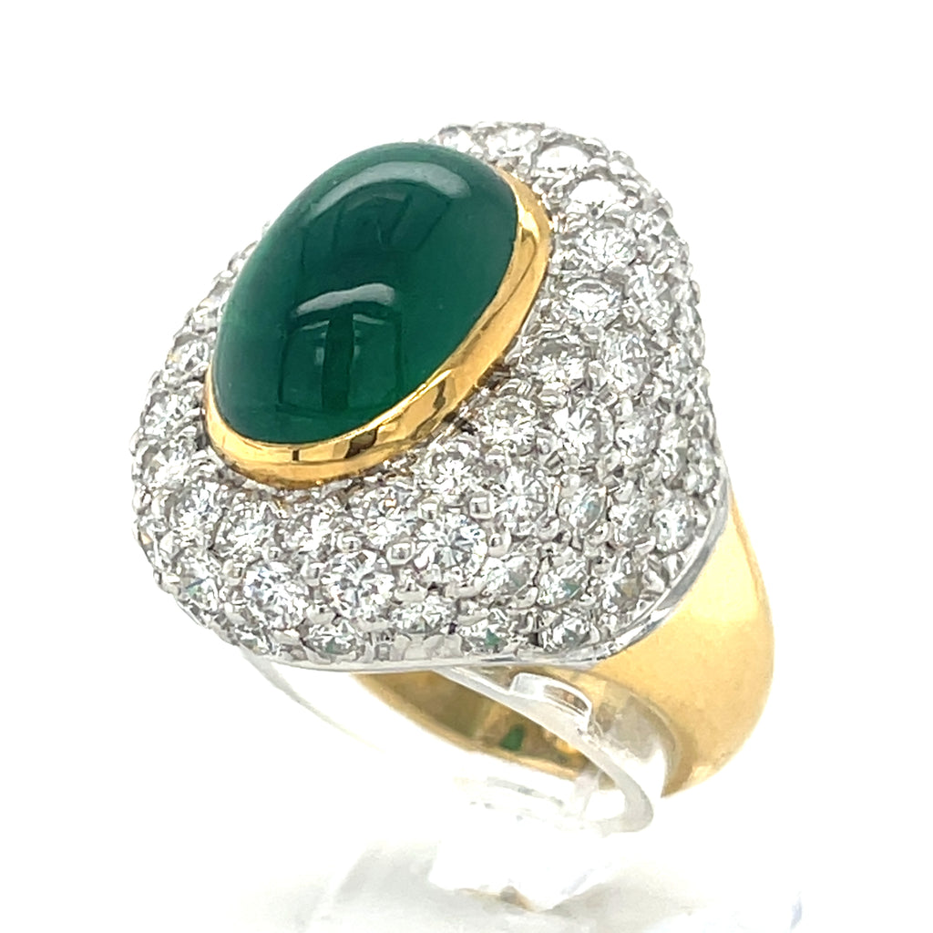 18k Bi-Colored Gold, Oval Cabochon Emerald, and 5.6ct Diamond Ring Size: 7 1/4
