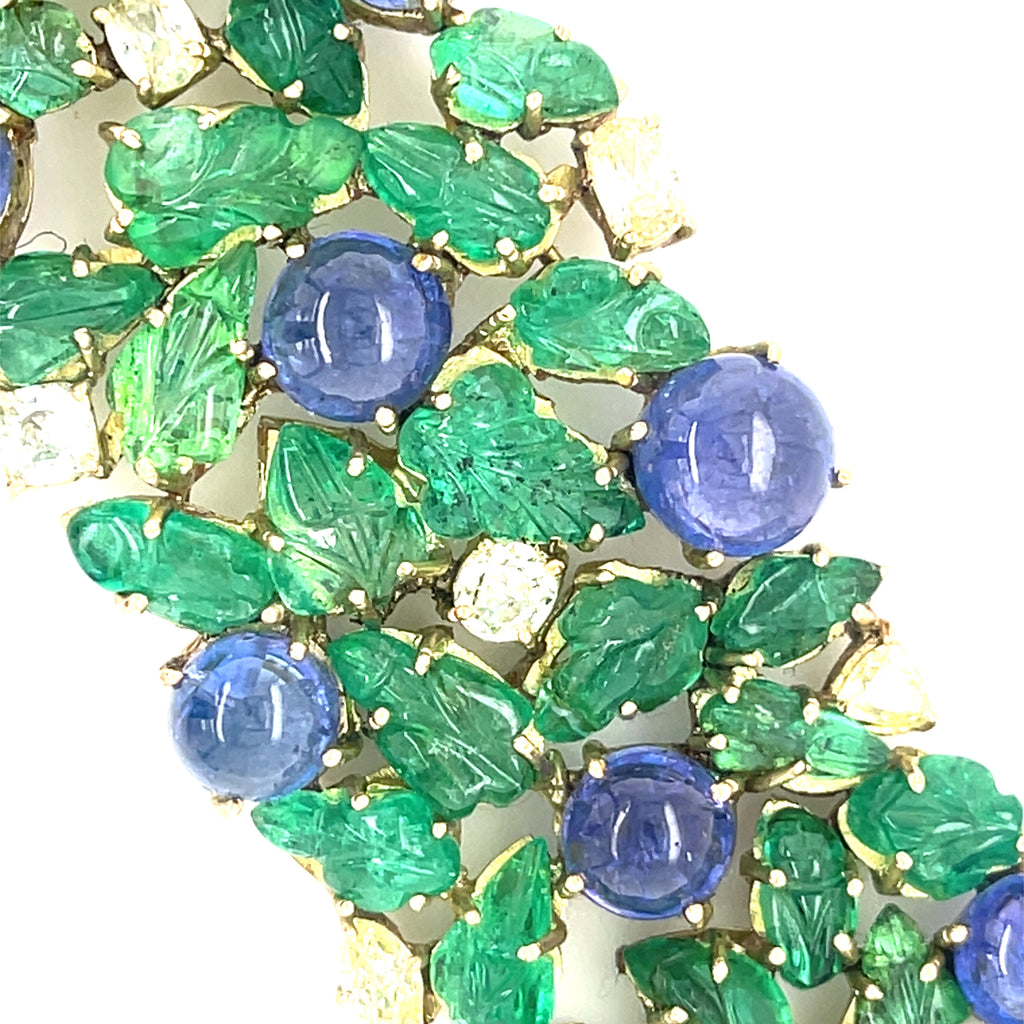 14k Gold Tanzanite Cabochon and Carved Emerald Bracelet w/ 2.85 ct Diamonds 7.5"