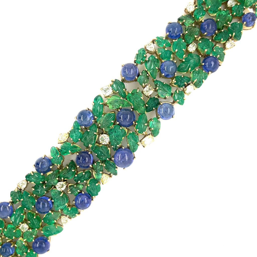14k Gold Tanzanite Cabochon and Carved Emerald Bracelet w/ 2.85 ct Diamonds 7.5"