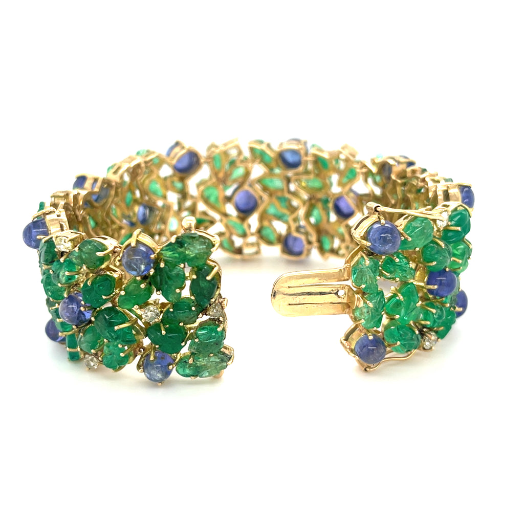 14k Gold Tanzanite Cabochon and Carved Emerald Bracelet w/ 2.85 ct Diamonds 7.5"