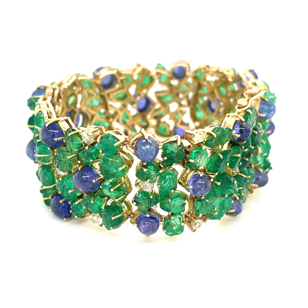 14k Gold Tanzanite Cabochon and Carved Emerald Bracelet w/ 2.85 ct Diamonds 7.5"