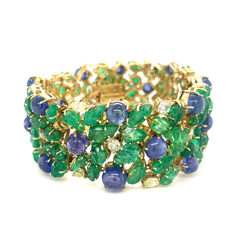 14k Gold Tanzanite Cabochon and Carved Emerald Bracelet w/ 2.85 ct Diamonds 7.5"