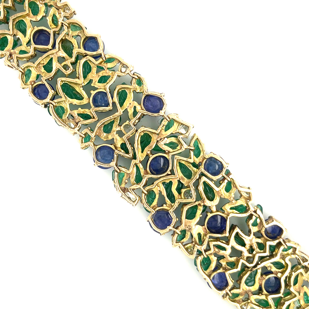 14k Gold Tanzanite Cabochon and Carved Emerald Bracelet w/ 2.85 ct Diamonds 7.5"