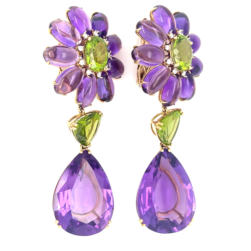 Cabochon Amethyst, Peridot, 0.18ct Diamond, and 18k Gold Earrings Weight: 40.2g