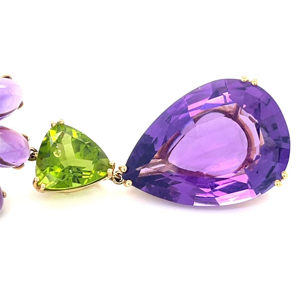Cabochon Amethyst, Peridot, 0.18ct Diamond, and 18k Gold Earrings Weight: 40.2g