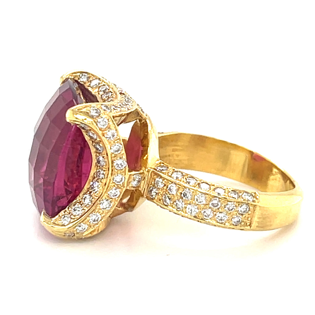 18k Yellow Gold 18.35 ct Rubellite Tourmaline and 1.35 ct Diamond Ring Size 6.5