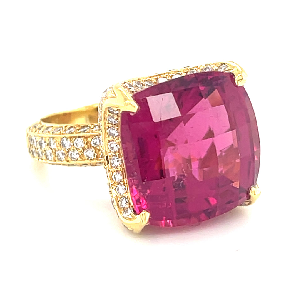 18k Yellow Gold 18.35 ct Rubellite Tourmaline and 1.35 ct Diamond Ring Size 6.5