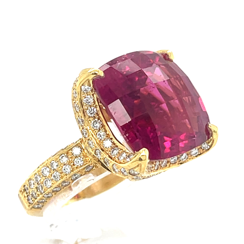 18k Yellow Gold 18.35 ct Rubellite Tourmaline and 1.35 ct Diamond Ring Size 6.5