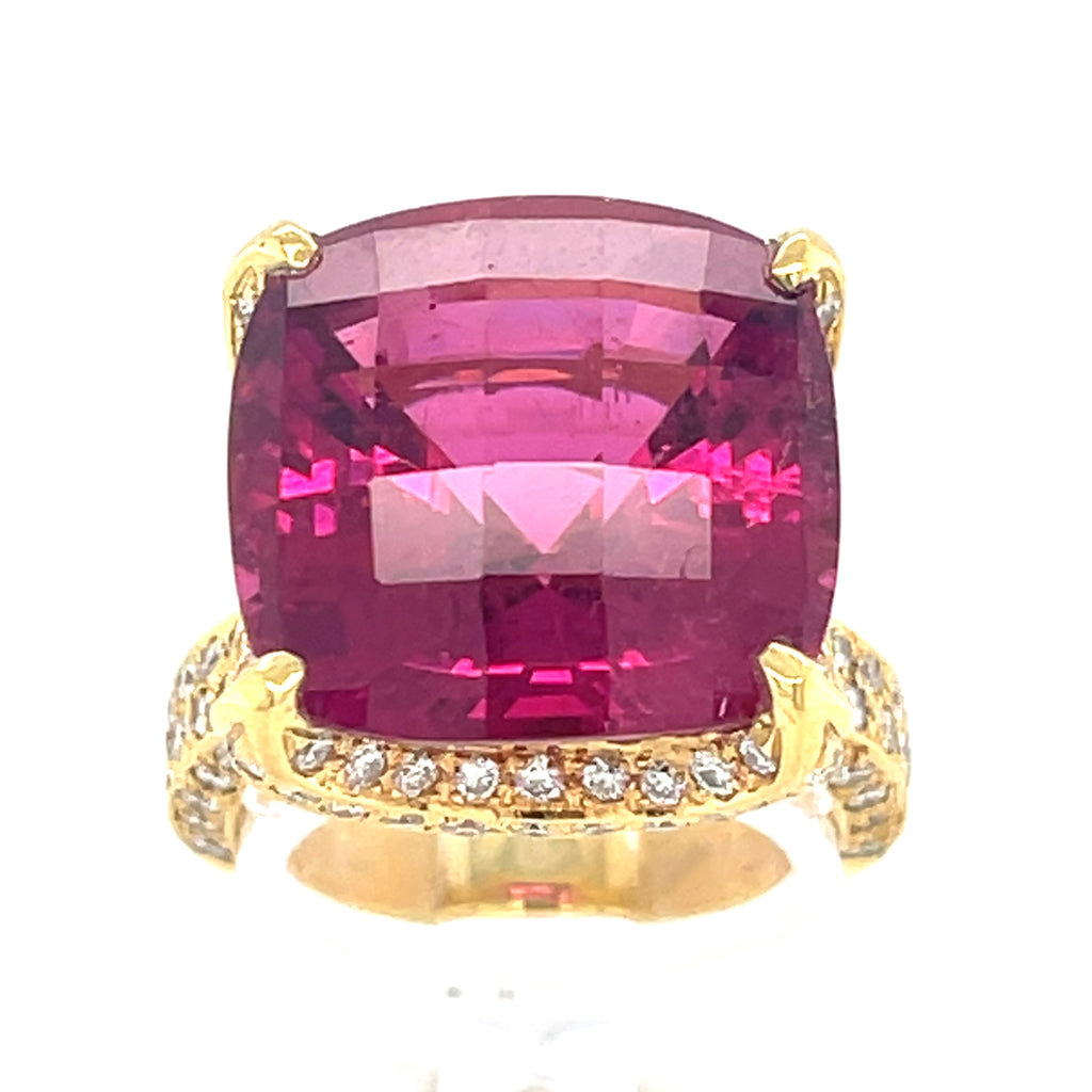 18k Yellow Gold 18.35 ct Rubellite Tourmaline and 1.35 ct Diamond Ring Size 6.5