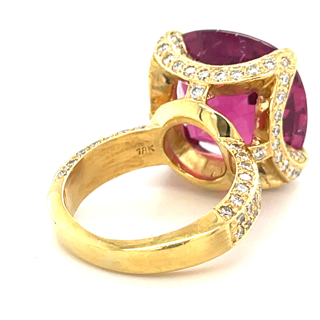 18k Yellow Gold 18.35 ct Rubellite Tourmaline and 1.35 ct Diamond Ring Size 6.5