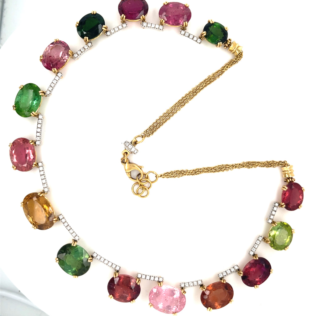 18k Gold 115 ct Multicolor Tourmaline and .8ct Diamond Riviere Necklace 17 3/4"