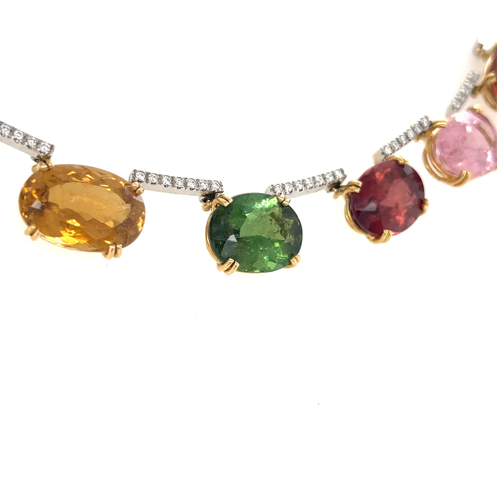 18k Gold 115 ct Multicolor Tourmaline and .8ct Diamond Riviere Necklace 17 3/4"