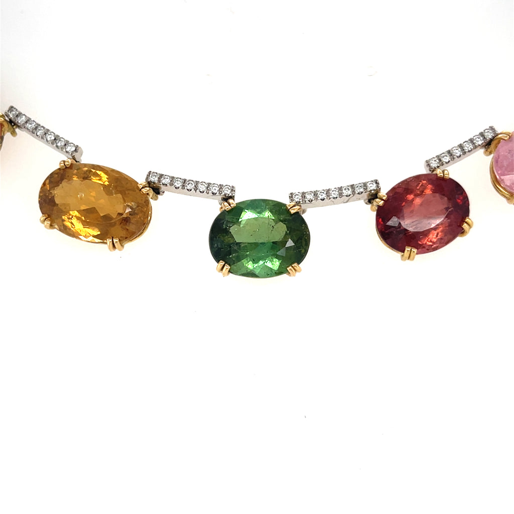 18k Gold 115 ct Multicolor Tourmaline and .8ct Diamond Riviere Necklace 17 3/4"