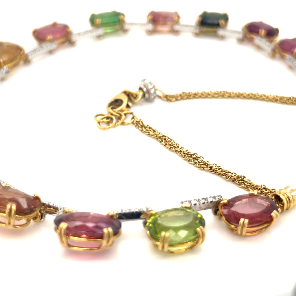 18k Gold 115 ct Multicolor Tourmaline and .8ct Diamond Riviere Necklace 17 3/4"