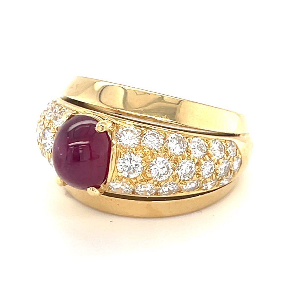 18k Yellow Gold Cartier 2.25ct Cabochon Ruby 1.30ct Diamond Solitaire Ring Sz 6