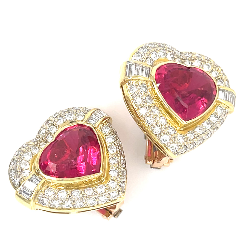 18k Yellow Gold Heart-shaped 13.45ct Rubellite, 2.25ct Diamond Earring Clips 23g