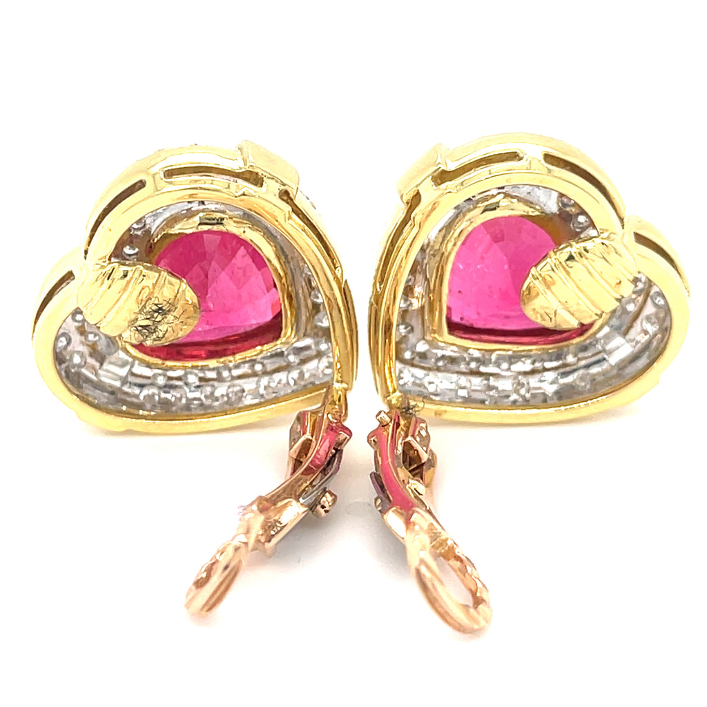 18k Yellow Gold Heart-shaped 13.45ct Rubellite, 2.25ct Diamond Earring Clips 23g