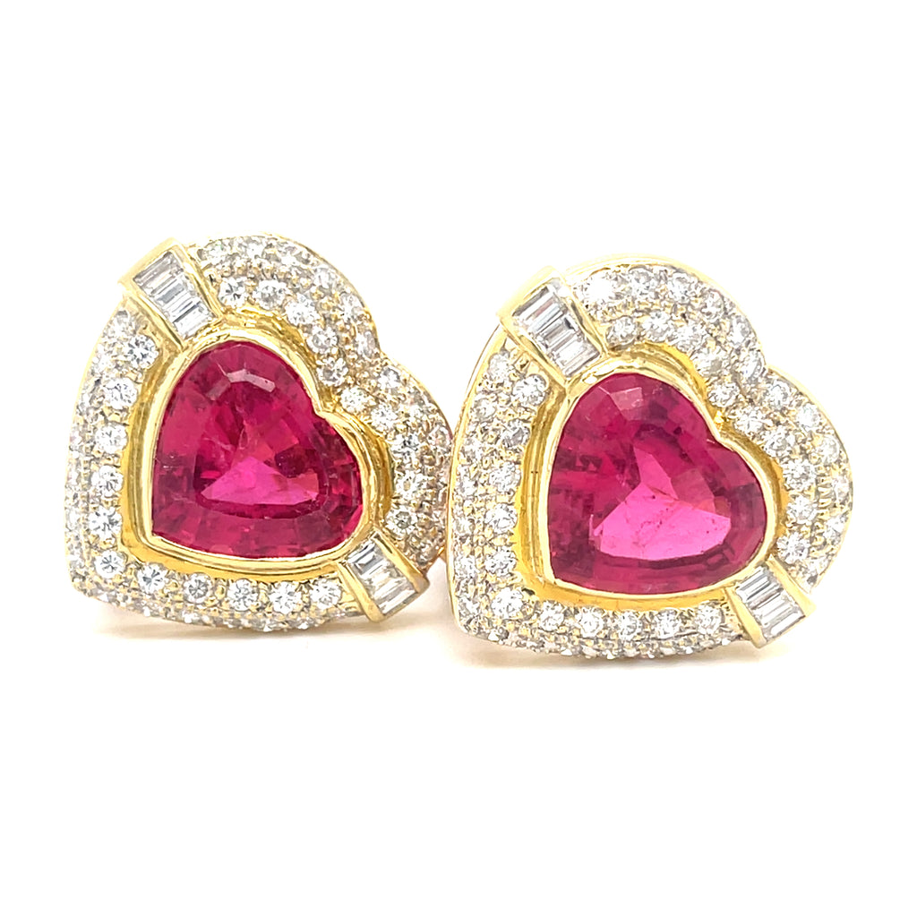 18k Yellow Gold Heart-shaped 13.45ct Rubellite, 2.25ct Diamond Earring Clips 23g