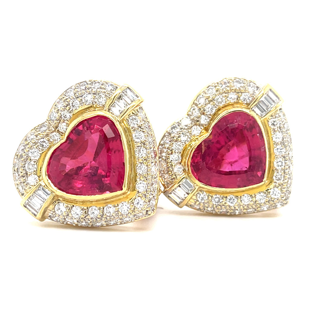 18k Yellow Gold Heart-shaped 13.45ct Rubellite, 2.25ct Diamond Earring Clips 23g