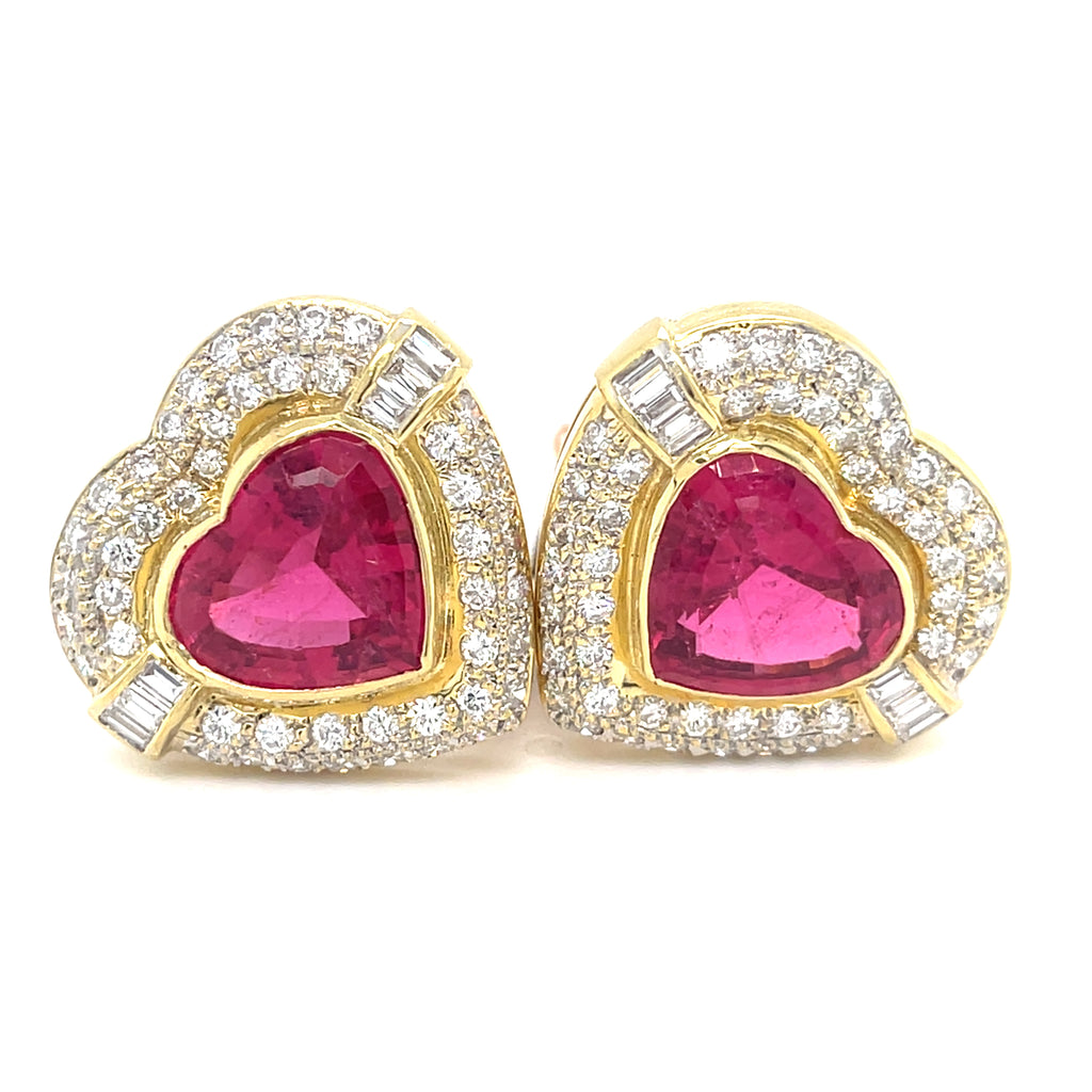 18k Yellow Gold Heart-shaped 13.45ct Rubellite, 2.25ct Diamond Earring Clips 23g