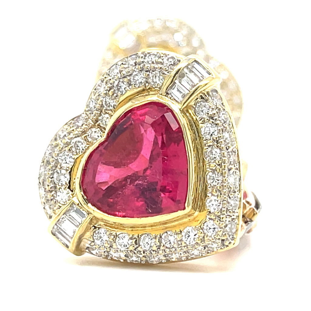 18k Yellow Gold Heart-shaped 13.45ct Rubellite, 2.25ct Diamond Earring Clips 23g