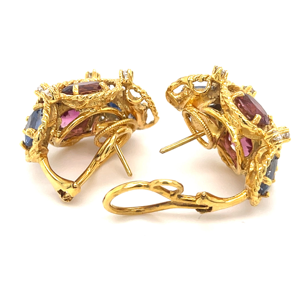 Jack Gutschneider 14k Gold, Tourmaline, Sapphire, and 0.35ct Diamond Earrings 1"