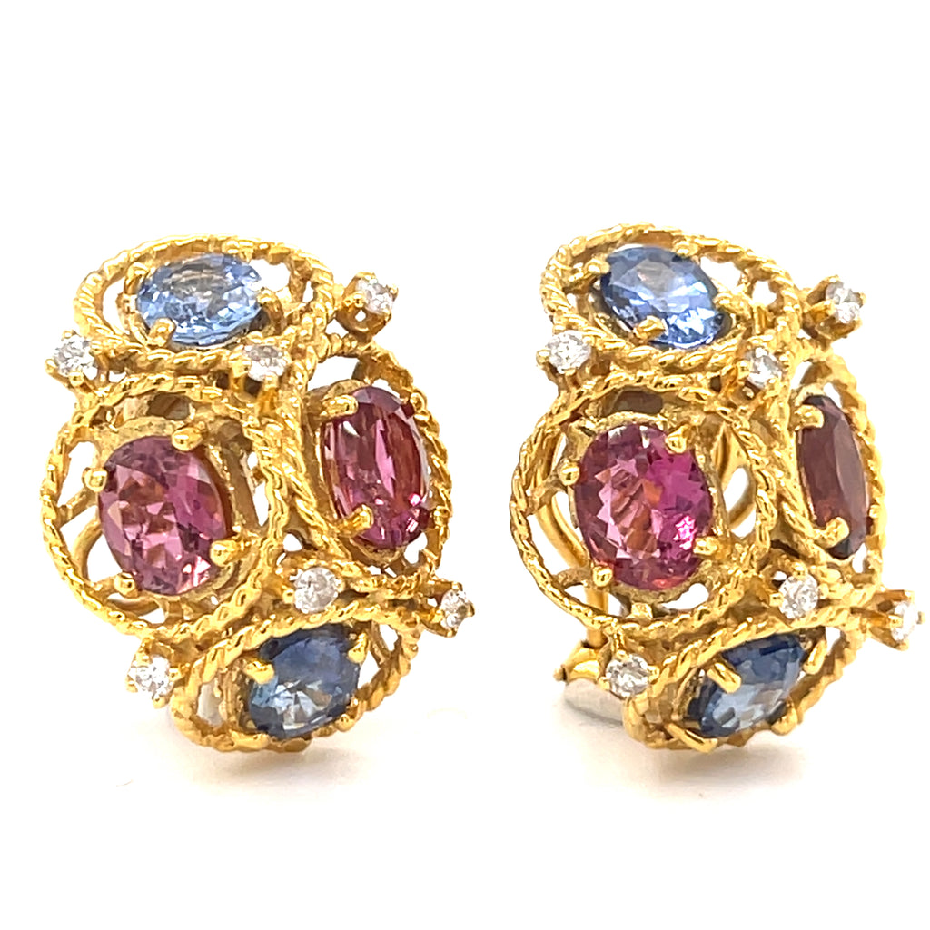 Jack Gutschneider 14k Gold, Tourmaline, Sapphire, and 0.35ct Diamond Earrings 1"