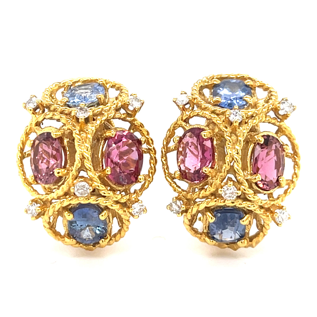 Jack Gutschneider 14k Gold, Tourmaline, Sapphire, and 0.35ct Diamond Earrings 1"