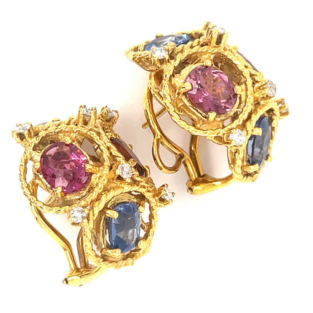Jack Gutschneider 14k Gold, Tourmaline, Sapphire, and 0.35ct Diamond Earrings 1"