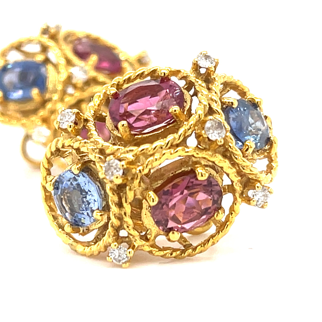 Jack Gutschneider 14k Gold, Tourmaline, Sapphire, and 0.35ct Diamond Earrings 1"