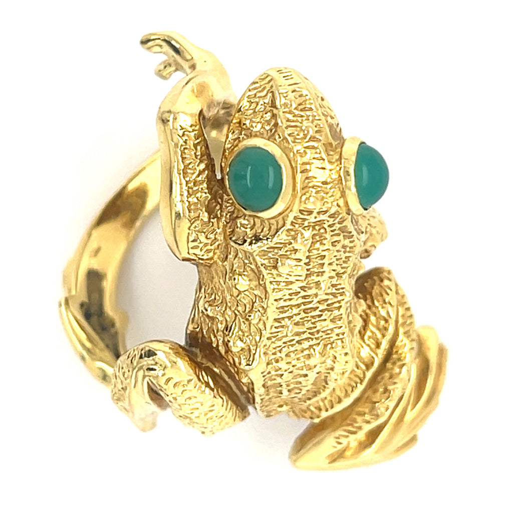 Kurt Wayne 18k Yellow Gold Frog Ring Size 7 Cabochon-Cut Chrysoprase 20 grams