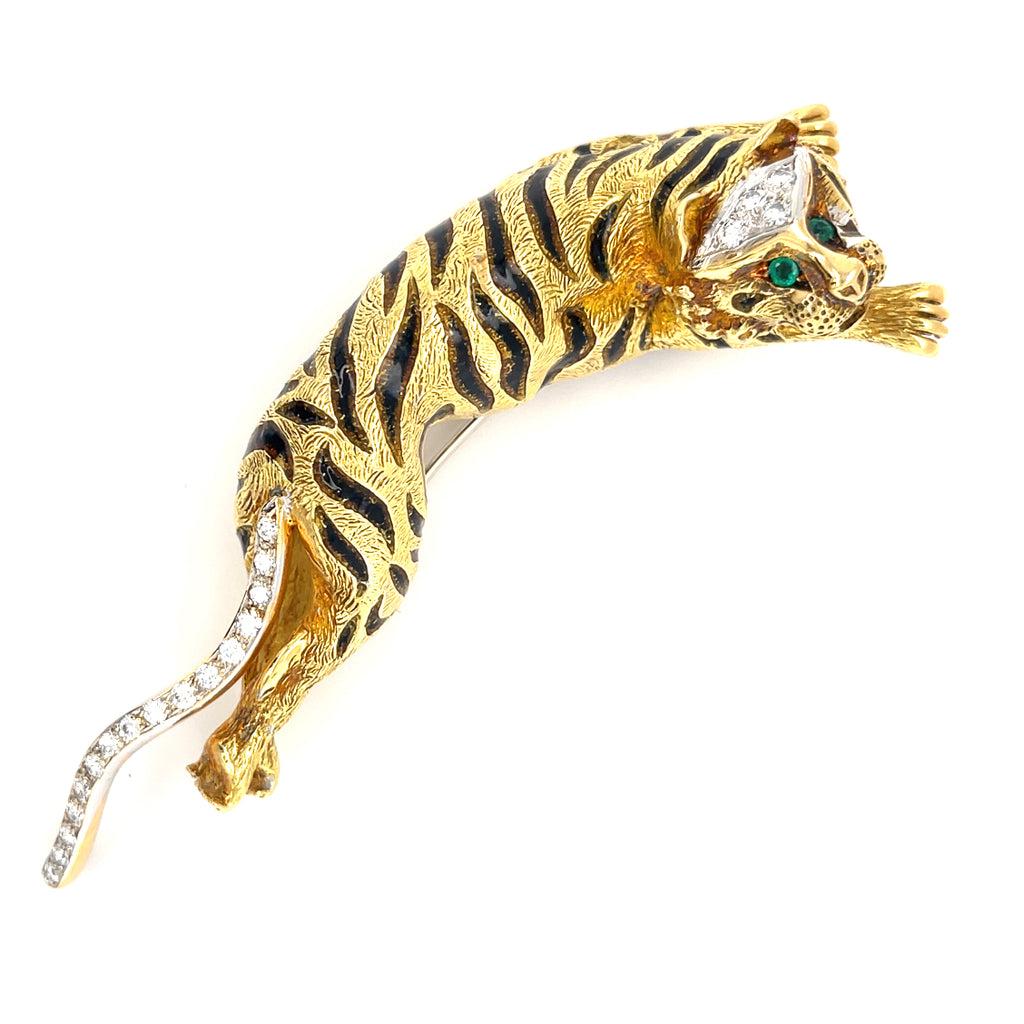 Van Cleef & Arpels 18k Yellow Gold Diamond + Emerald Tiger Brooch 58.6 grams