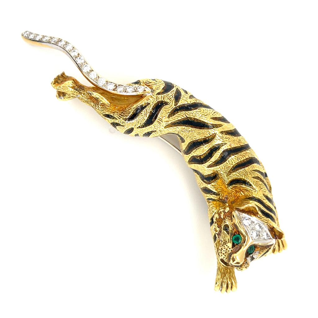 Van Cleef & Arpels 18k Yellow Gold Diamond + Emerald Tiger Brooch 58.6 grams