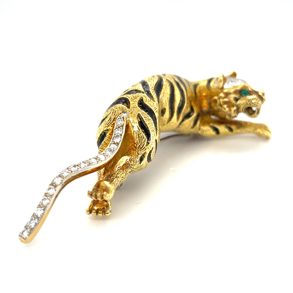 Van Cleef & Arpels 18k Yellow Gold Diamond + Emerald Tiger Brooch 58.6 grams