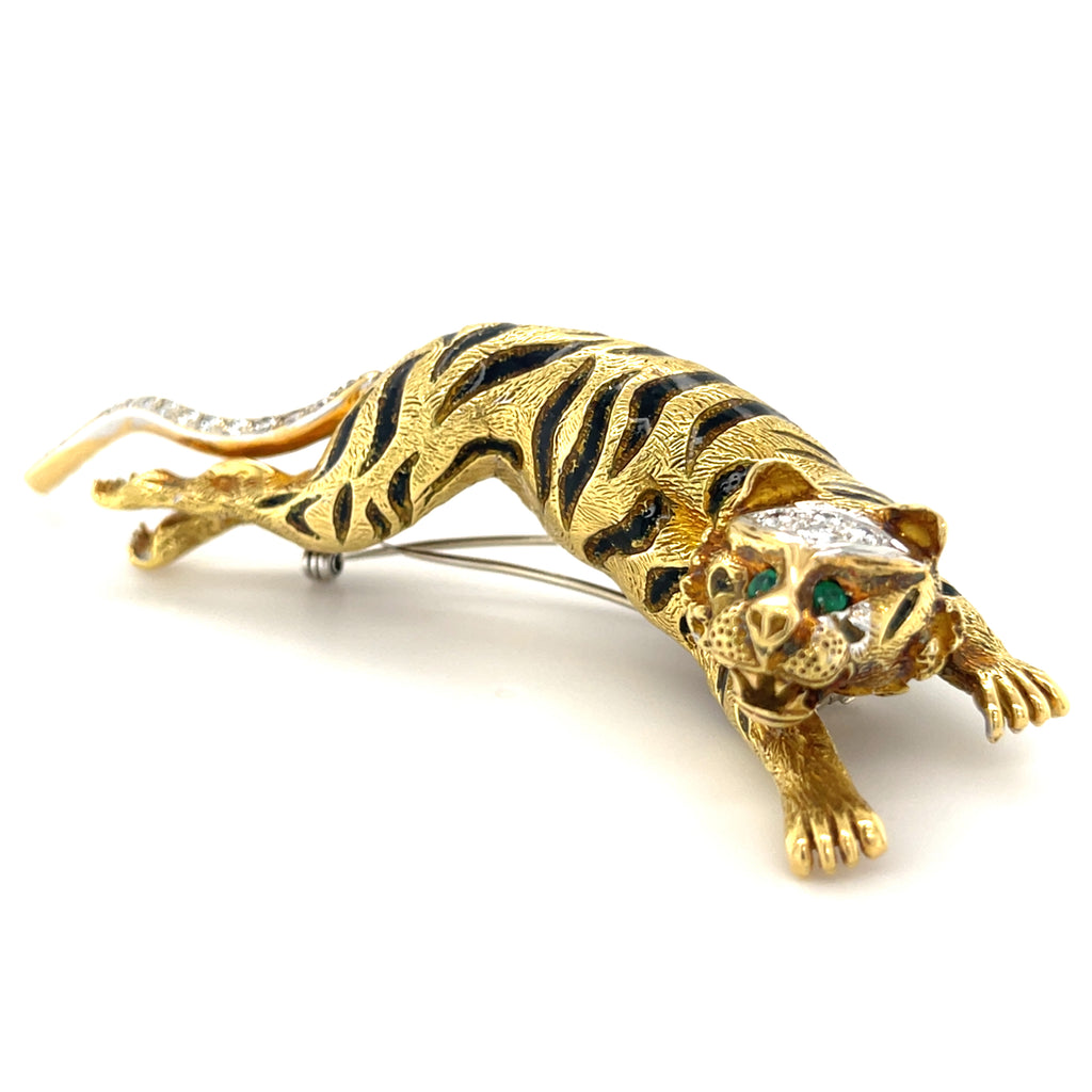 Van Cleef & Arpels 18k Yellow Gold Diamond + Emerald Tiger Brooch 58.6 grams
