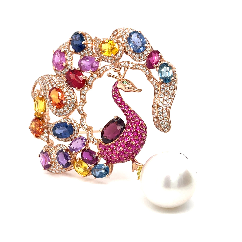 14k Rose Gold Peacock Brooch w/ Appx 21ct Sapphire&Ruby, 2ct Diamond, 15mm Pearl