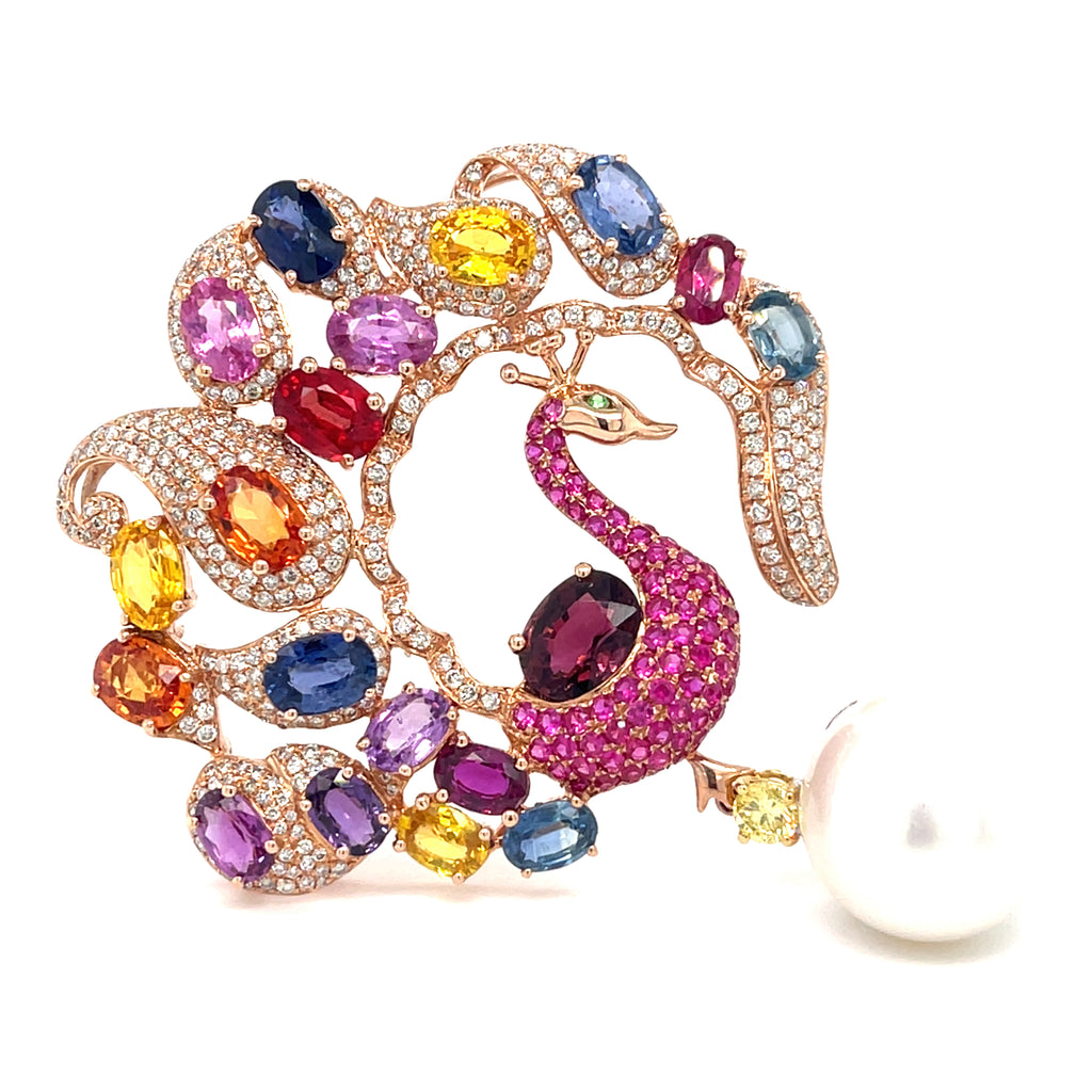 14k Rose Gold Peacock Brooch w/ Appx 21ct Sapphire&Ruby, 2ct Diamond, 15mm Pearl