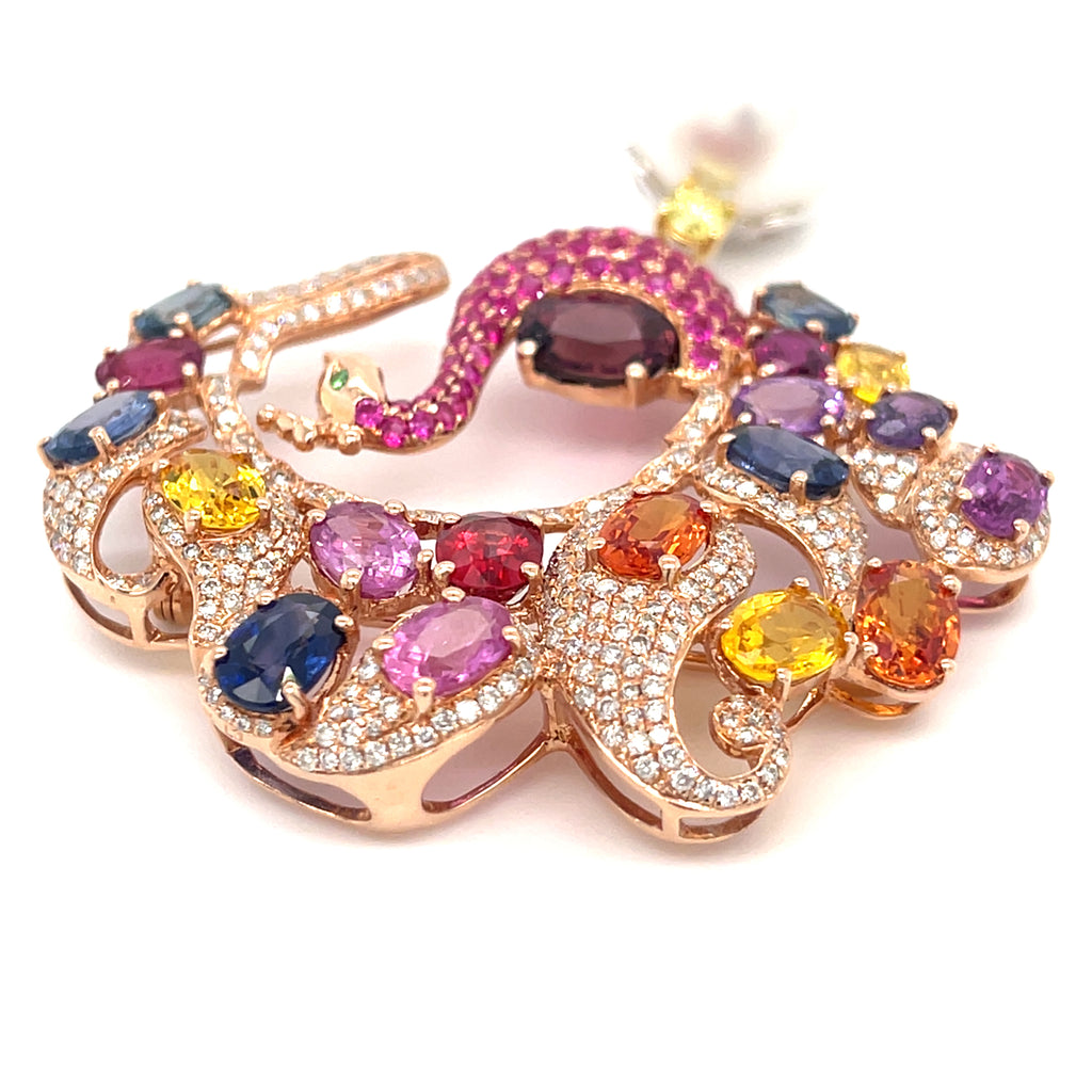14k Rose Gold Peacock Brooch w/ Appx 21ct Sapphire&Ruby, 2ct Diamond, 15mm Pearl